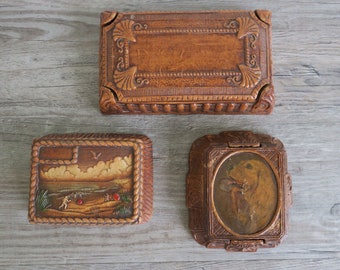 Set of 3 vintage resin trinket boxes with golden retriever, beach scene and ornate detailing