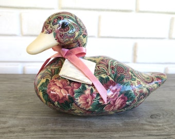 Vintage floral porcelain patchwork duck by Joann Baker Designs, cute cottagecore / grannycore decor,