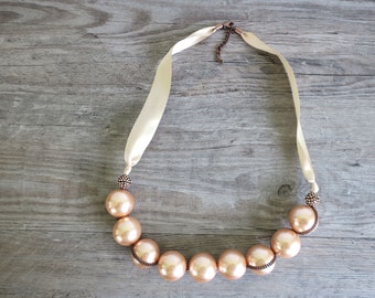 Vintage 30" chunky necklace with faux pale pink pearls and ribbon, costume jewelry opera length