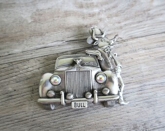 Fun pewter bull driving car brooch, quirky woman's lapel pin, vintage jewelry
