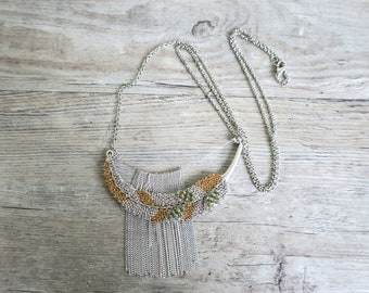 Vintage 36" long necklace in silver and gold feather, opera length