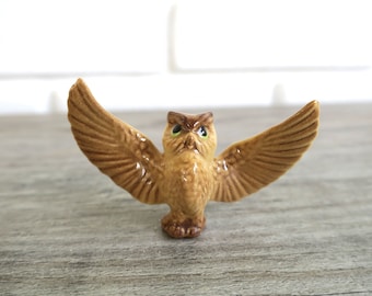 Vintage miniature ceramic brown owl, cute tiny bird of prey, fairy garden accessories