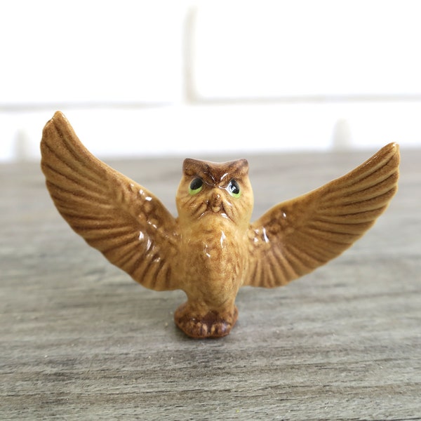 Vintage miniature ceramic brown owl, cute tiny bird of prey, fairy garden accessories