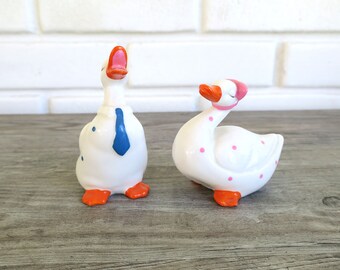 Vintage white with polka dots porcelain duck / goose pair, cute cottagecore / grannycore decor,