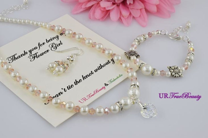 Flower Girl Pearl Bracelet Wedding Jewelry Bridesmaid Jewelry Blush Pink Jewelry Set, Junior Bridesmaid Jewelry Flower Girl Jewelry