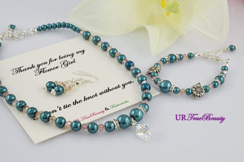 Flower Girl Pearl Bracelet Wedding Jewelry Bridesmaid Jewelry Blush Pink Jewelry Set, Junior Bridesmaid Jewelry Flower Girl Jewelry