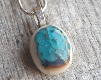 Blue Fused Glass Pendant Necklace: Silver Turtle Charm