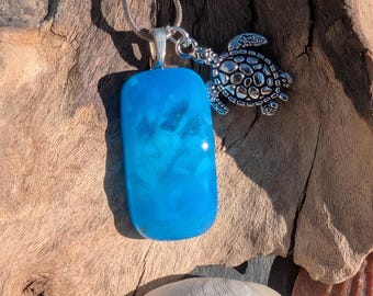 Blue Fused Glass Pendant Necklace: Sea Swirls, Turtle Charm