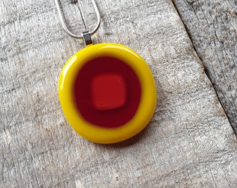 Fused Glass Pendant Necklace: Vibrant Red and Yellow, 30mm