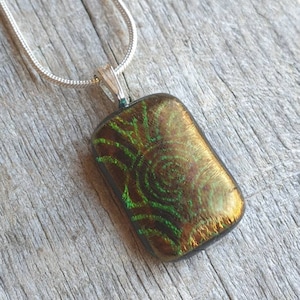 Handmade Dichroic Glass Pendant Necklace: Bronze Iridescent Swirls