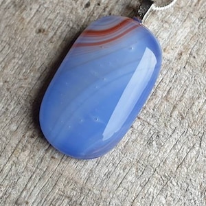 Handcrafted Fused Glass Necklace: Blue & Red Streaks, Silver Chain