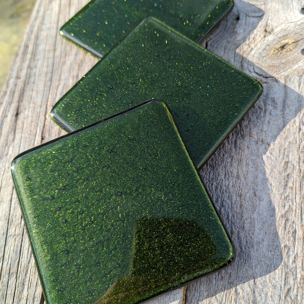 Beautiful sparkling green fused glass coasters. Stunning handcrafted aventurine green sparkling glass drinking coasters.