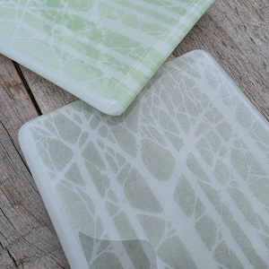 Beautiful set of green tree coasters. Lovely glass powder printed trees fused glass coasters.