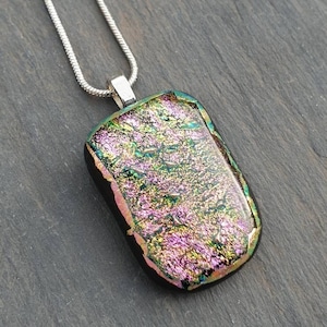 Dichroic Glass Pendant Necklace: Pink & Green Fused Glass
