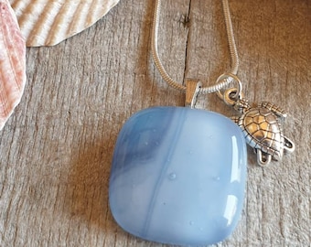 Handmade Fused Glass Seascape Pendant: Blue Swirls, Turtle Charm