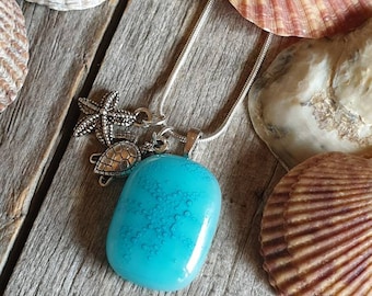 Fused Glass Pendant Necklace: Aqua Blue Bubbles, Turtle Charm