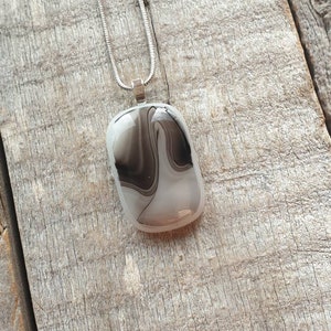 Amazing grey swirls in this handcrafted fused glass pendant, stunning streaky grey glass necklace.