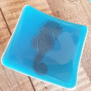 Fused Glass Seahorse Trinket Dish, Turquoise Blue, Handmade
