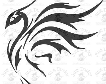 May include: A black and white stylized illustration of a bird with its wings spread out. The bird is in a dynamic pose, with its head turned to the side and its tail feathers flowing behind it.