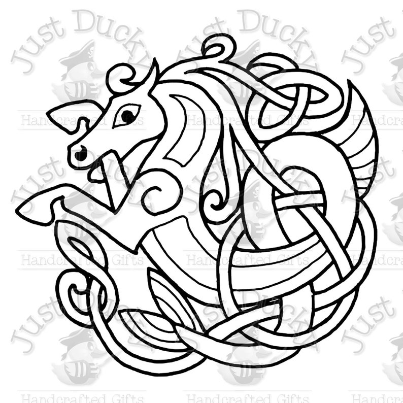 May include: Black and white line art illustration of a Celtic knot design featuring a horse. The horse is depicted in a rearing pose with its head turned to the side. The knotwork is intricate and detailed, creating a sense of movement and energy.