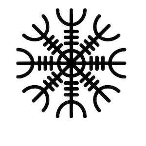 May include: A black and white illustration of a Vegvisir, a Norse directional symbol, also known as the "Wayfinder".