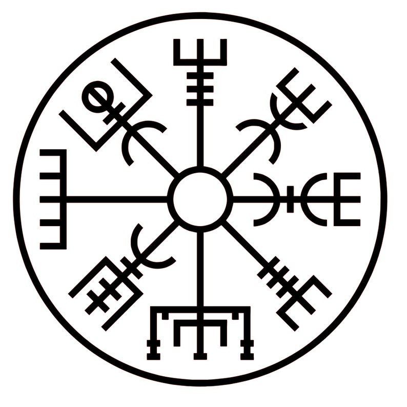 May include: A black and white illustration of a Vegvisir, a Norse directional symbol, also known as the "wayfinder". The symbol is a compass with eight spokes, each with a unique design.