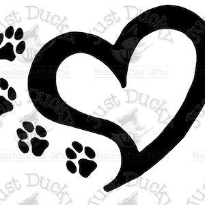 May include: Black heart-shaped design with paw prints. The heart is outlined in black and filled with white space. Four black paw prints are scattered around the heart, suggesting a pet-themed design.