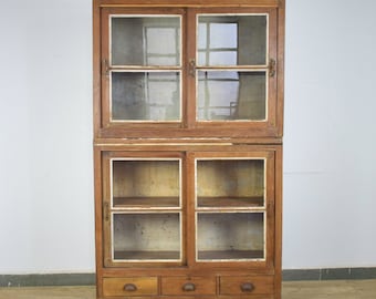 Large Teak Wood 2-Section Sliding Door Dresser Display Cabinet Bookcase Cupboard