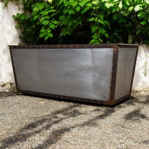 May include: A large, rectangular metal planter with a galvanised finish and a slightly distressed look. The planter has a raised lip around the top and is decorated with small metal rivets.