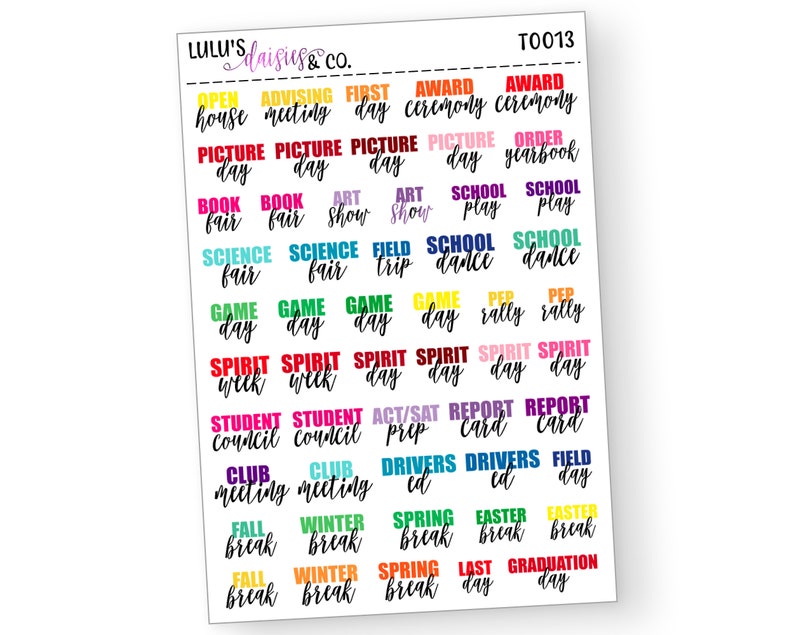 Matte Sticker Paper, Multicolor Typography T0013 Typography Stickers Planner stickers Multi Color High School Life