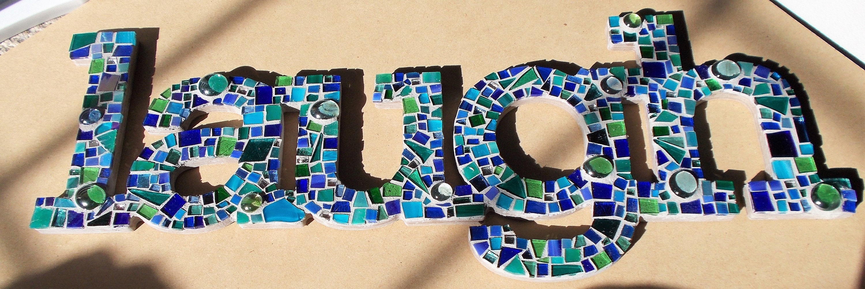 Stained glass mosaic word Laugh Etsy