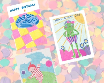 Happy birthday card A6 Blue Waffle Have a Gay Day Frog Elf