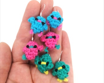 Tiny Crochet Chick Earrings Brights// 925 Silver Smol Amigurumi Chickens