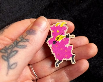 Pink Goat Wooden Brooch 40mm Eco Friendly Badge// Act the Goat Gay Fiddle