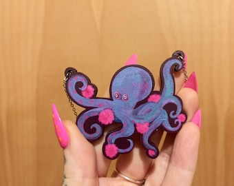 Octopus Wooden Necklace// Eco friendly// Pink Purple Sea Creature
