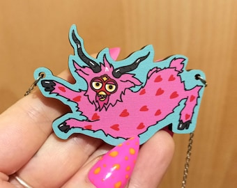 Long Furby Goat Wooden Necklace// Eco friendly 90s Cursed
