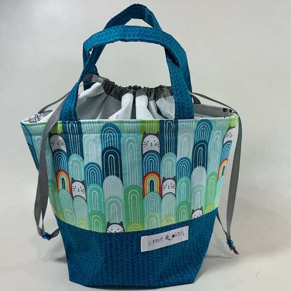 Alyson Mini Tote // Kitties And Rainbows //  Medium Knitting Project Bag