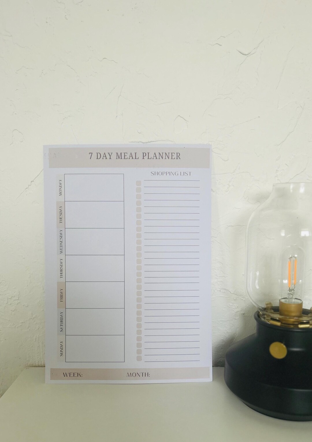 7 Day Weekly Meal Menu Planner With Shopping List Simple Neutral Design ...