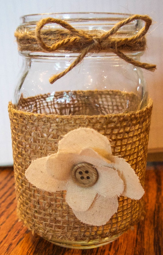 Rustic Mason Jar with Burlap Twine Cloth Fabric and Wooden Etsy