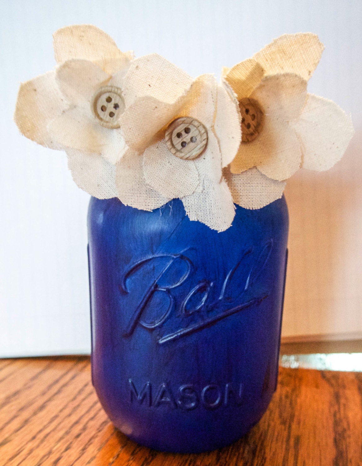 Rustic Mason Jar with Cloth Fabric Flowers and Wooden Button Etsy