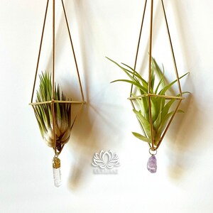 May include: Two gold geometric hanging planters with air plants and crystal accents. The planter on the left has a clear quartz crystal and the planter on the right has an amethyst crystal.