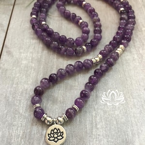AMETHYST (8mm Bead Non-Knotted Stretch Cord) Mala 108 Bead Necklace by Zentilly