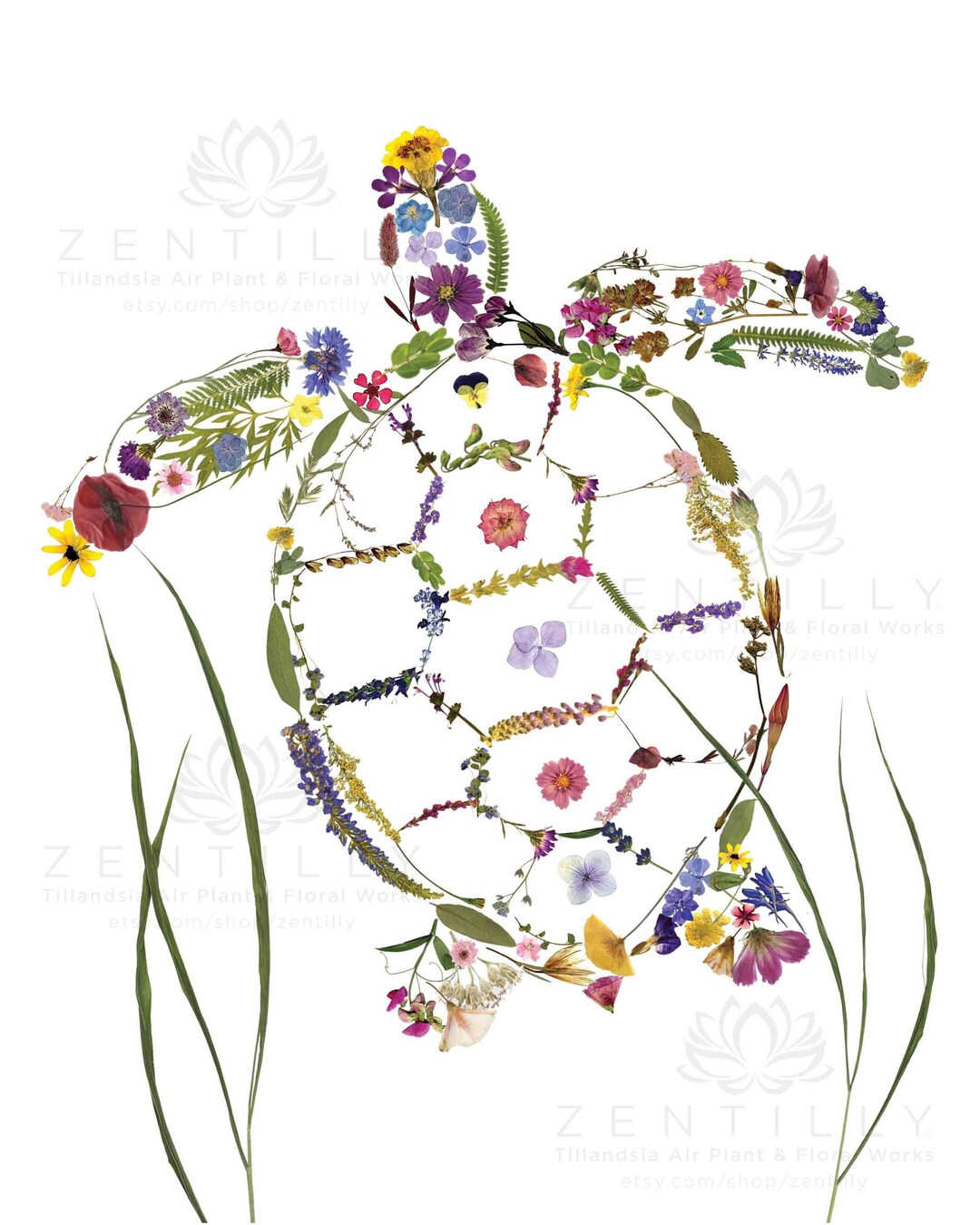 Sea Turtle Pressed Floral 8"x10" Art Print by Zentilly® - Etsy