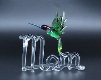 Glass 'Mom' Figurine/mother/himmingbird/red heart/dragonfly/handmade/lamp work/