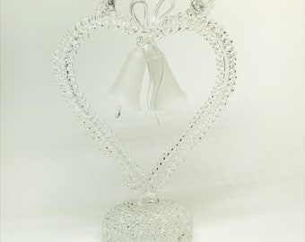 Glass Heart with Bells and Birds, Wedding Cake Toppers