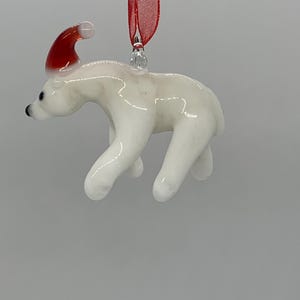 Christmas, Happy Holiday Glass Blown Bear, Santa Hat, Glass Polar Bear Figurine/Ornament