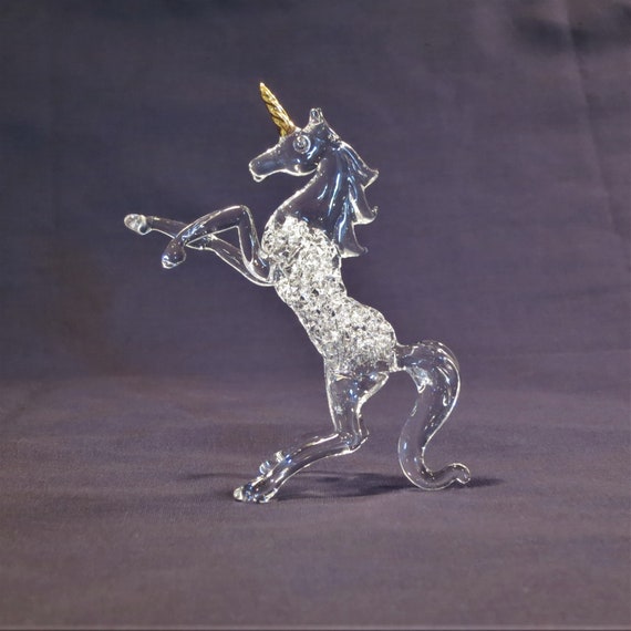 Unicorn Stallion Figurine Hand Blown Glass gold horn 