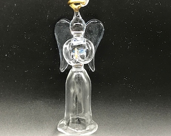 Glass Angel with Light Blue Wings, Angel Ornament with Gold Halo Christmas Tree Ornament