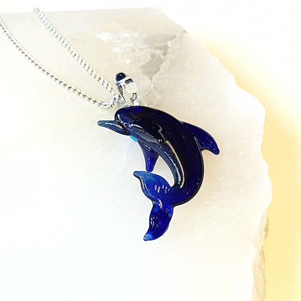 Glass Dolphin Necklace, Blown Glass Dolphin Pendant