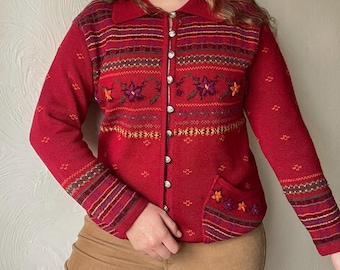 Vintage 1990s Red Embroidered Cardigan